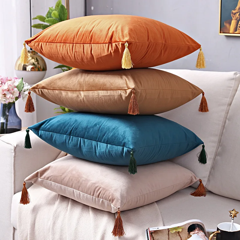 

Nordic Living Room Solid Color Velvet Pillowcase Sofa Cushion Waist Pillow Office Tassel Cushion Throw Pillows Home Decoration