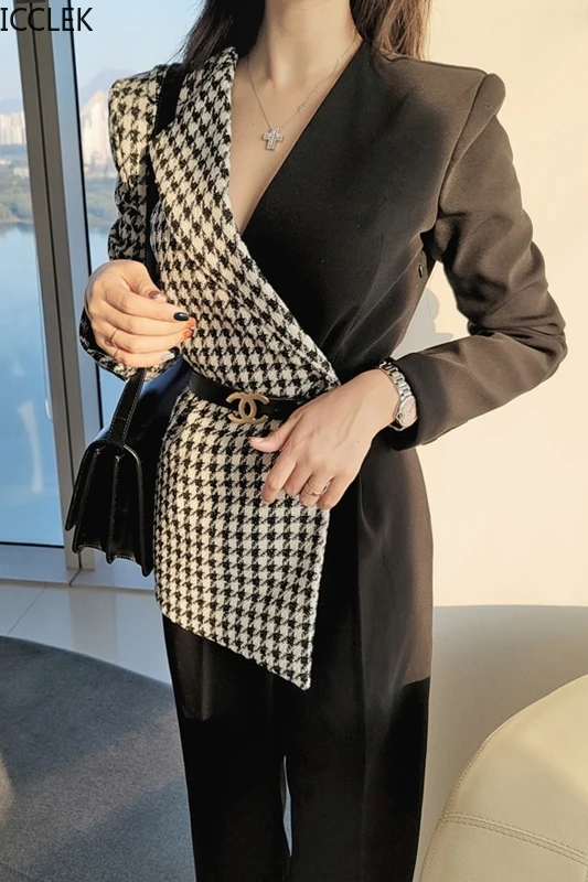 

ICCLEK Korean Style OL Temperament Slim Stitching Houndstooth Suit Collar Jumpsuit and Romper One Piece Overall Women
