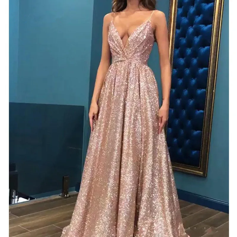

Spaghetti Straps Sequin Dresses For Women Floor Length Sexy V-Neck Evening Dress Prom Party vestidos de fiesta de noche