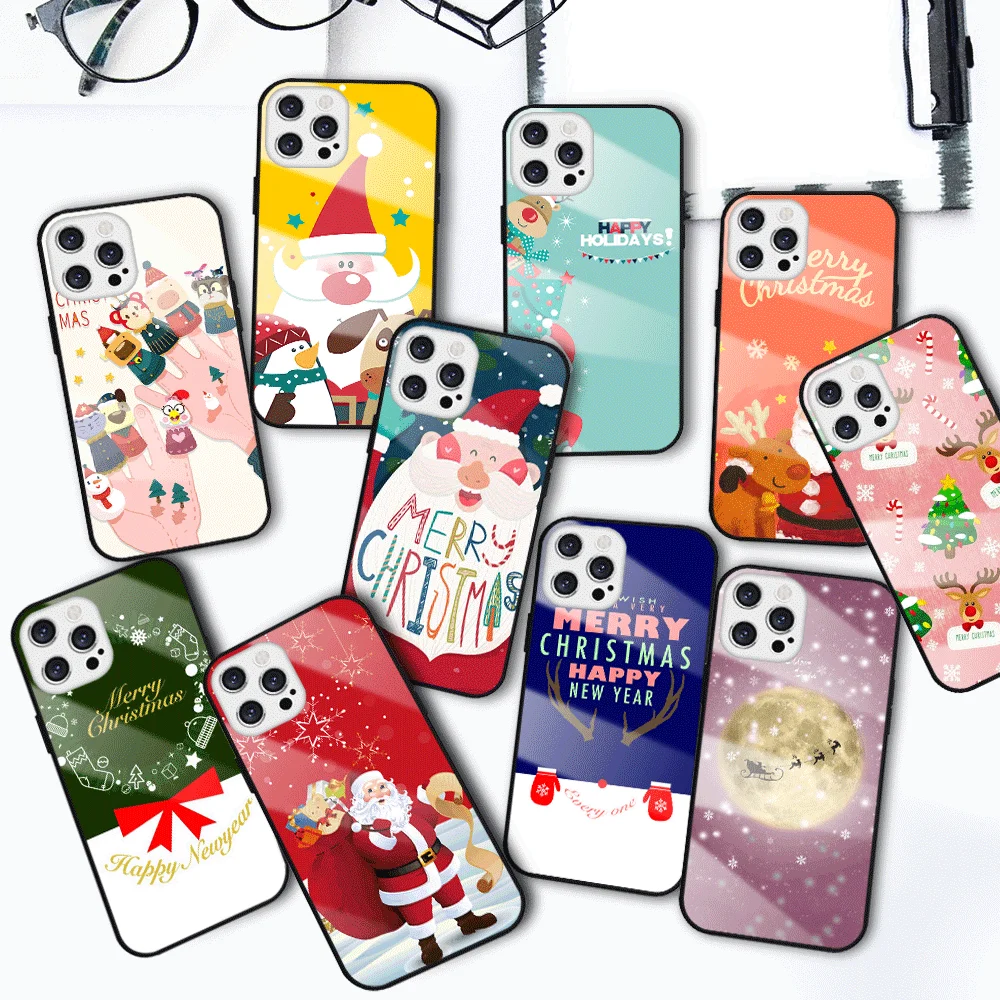 

Fashion cartoon cute Christmas elk Tempered glass phone case For iPhone 13 12 mini 11 pro xs max X XR 5 6 7 8 S plus