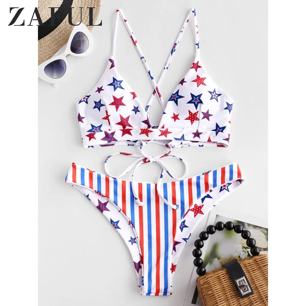 ZAFUL двусторонний купальник-бикини с американским флагом и перекрещивающимися