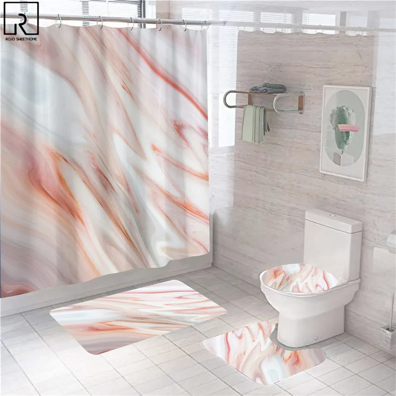 pink marble shower curtains shiny decor for bathroom polyester fabric decorative bath screen toilet cover carpet wc accessories free global shipping