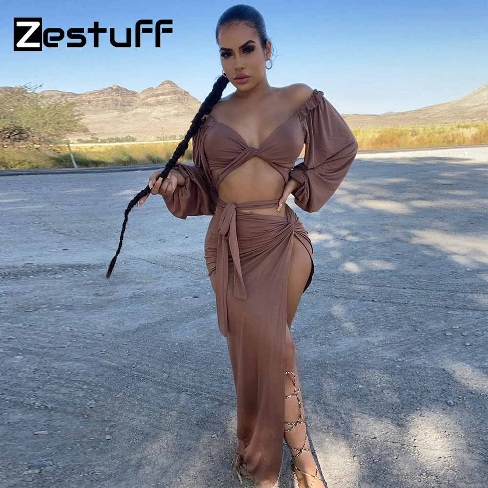 

Женский Асимметричный сексуальный комплект Zestuff из 2 предметов, уличная одежда, пляжный топ с длинным рукавом и вырезами, длинная драпирован...