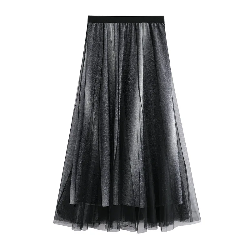 

Beautiful Mesh Skirt Women Gradient Pleated Summer Skirt Women A-line Long Skirt Beading Elegant Lady Sweet Casual Skirts Women