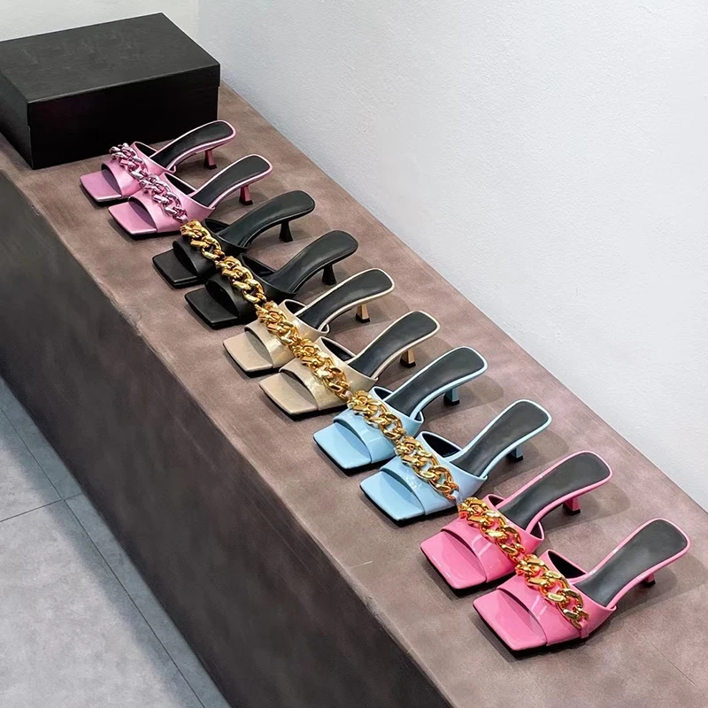 

Summer High heel Slippers open Toe Women shiny Leather metal chain decoration Sandals Sexy Party dress shoes runway sandalias