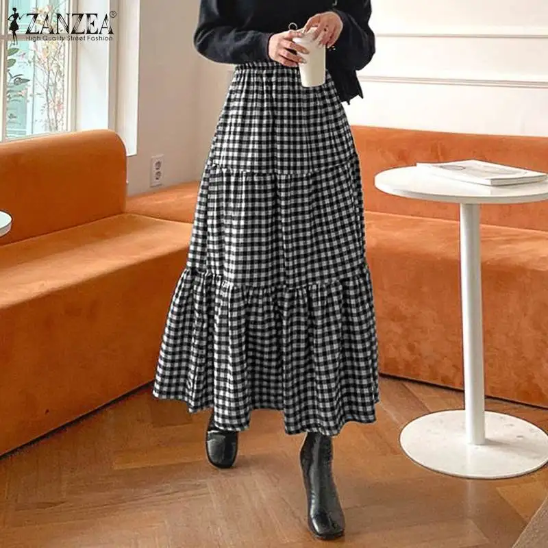 

Женский весенний сарафан с оборками ZANZEA 2021, стильные юбки в клетку, повседневные макси платья с эластичным поясом, женский халат