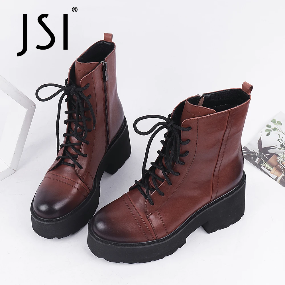 spesifikasi JSI Sepatu Bot Pergelangan Kaki Musim Dingin Wanita Platform Tinggi Chunky Sepatu Bot Pendek Ujung Bulat Kulit Asli Wanita JC831