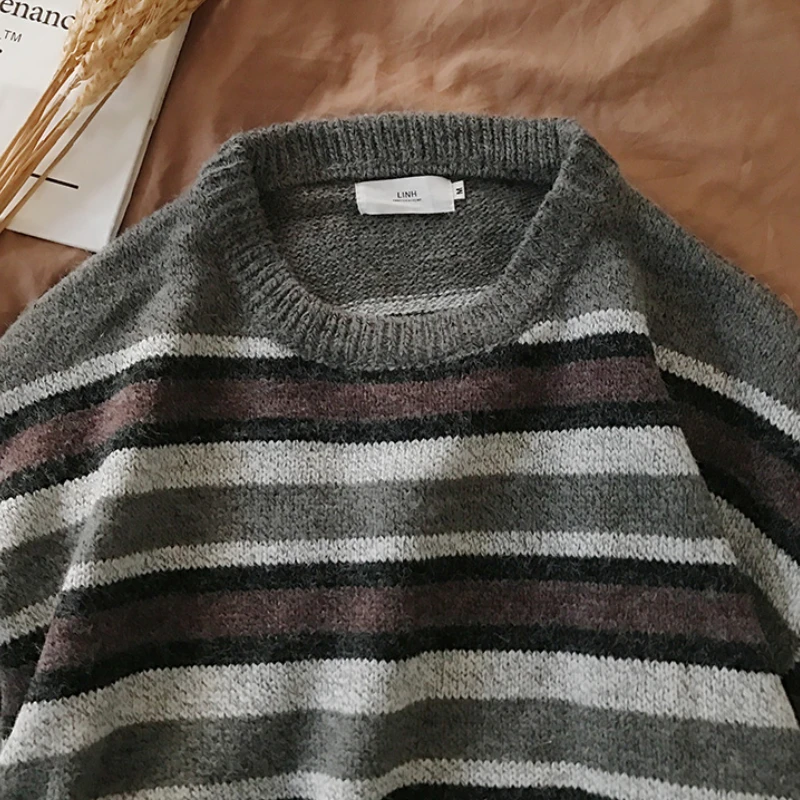

Pullovers Men Striped Loose Simple Printed Fashion Ulzzang Korean Style Casual Couple All-match Sweaters Spring Autumn Vintage