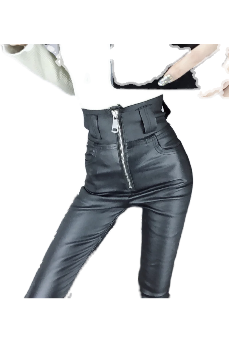 

2021 Elegant High Waist Faux Leather Pants Women Pencil Skinny Pants Office Ladies Front Zipper Trousers Black Capris