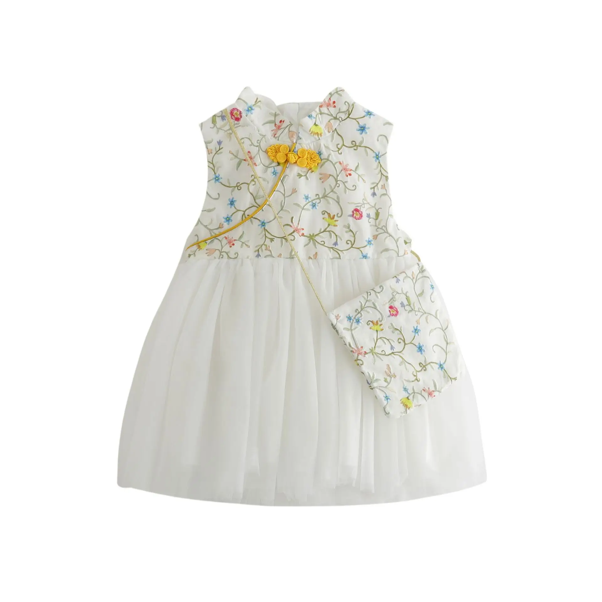 

2021 baby girl Chinese dress cheongsam clothes summer style children mesh sleeveless Traditional dresses kids New Year Party