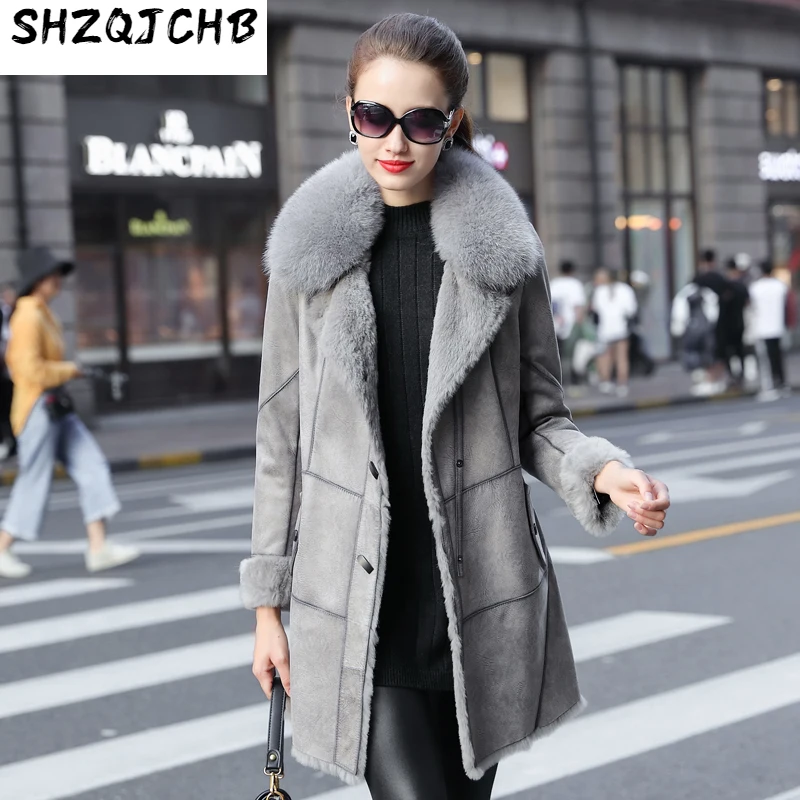 

SHZQ, женское облегающее пальто средней и длины из овчины, 2021, женская зимняя подкладка из шерсти кролика Рекс, новый стиль