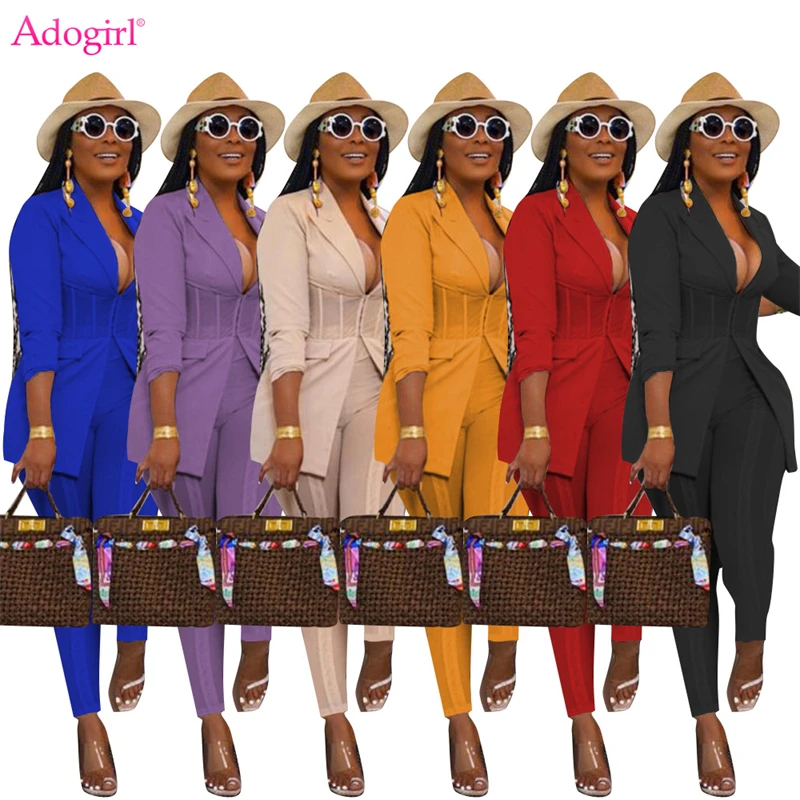 Adogirl Mesh Patchwork Women Suit Office Lady Long Sleeve Blazer Coat Tops Pencil Pants Elegant Two Piece Sets Work Uniforms