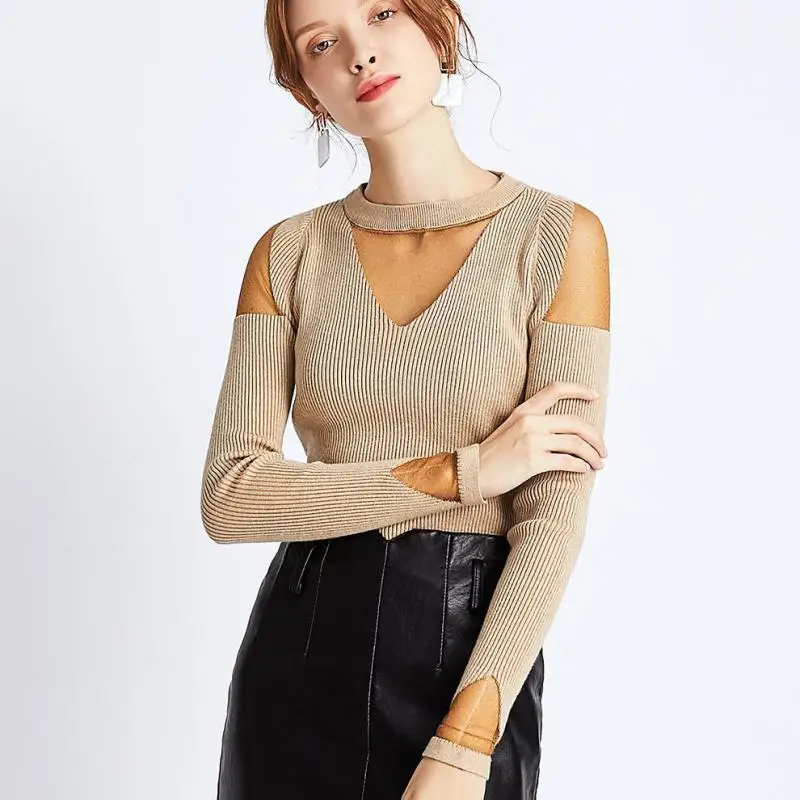 Off Shoulder Women Sweaters Mesh Patchwork Female Pullovers All Match Ladies Knitting Tops Slim Stretch Sweater Mujers 2019 New | Женская