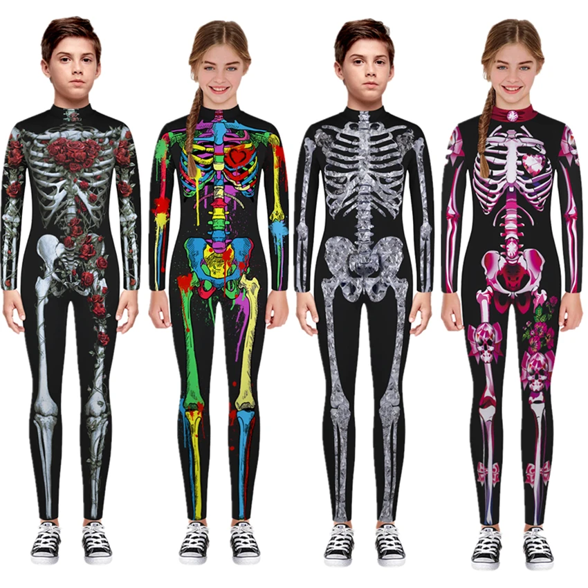 

New Halloween Scary Cosplay Costumes for Kids Skeleton Bodysuit Devil Vampire Carnival Party Clothing Skull Dress Jumpsuit