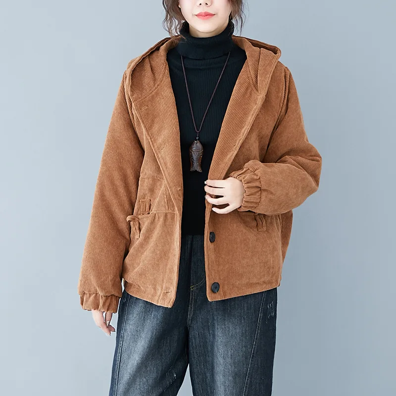 Женское вельветовое пальто Johnature Свободное из плотного хлопка с капюшоном в