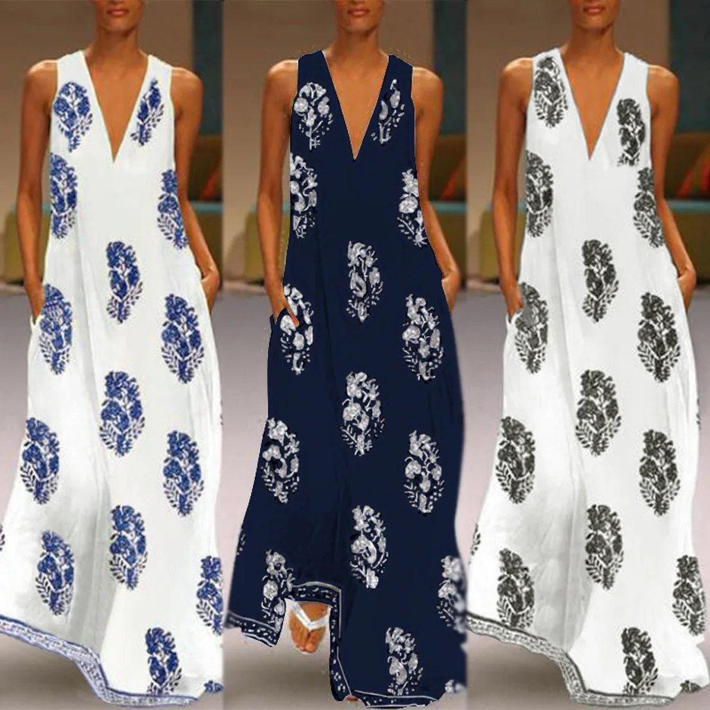 

3Style Summer Women Casual Sleeveless Leaf Long Dress Printed Evening Beach Dress Women Casual Sleeveless Vacation Dress