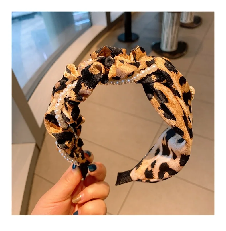 

Koreafairy temperament pleated net gauze leopard large intestine hairband broad-brimmed hairpin headband Adult pearl Hairbands