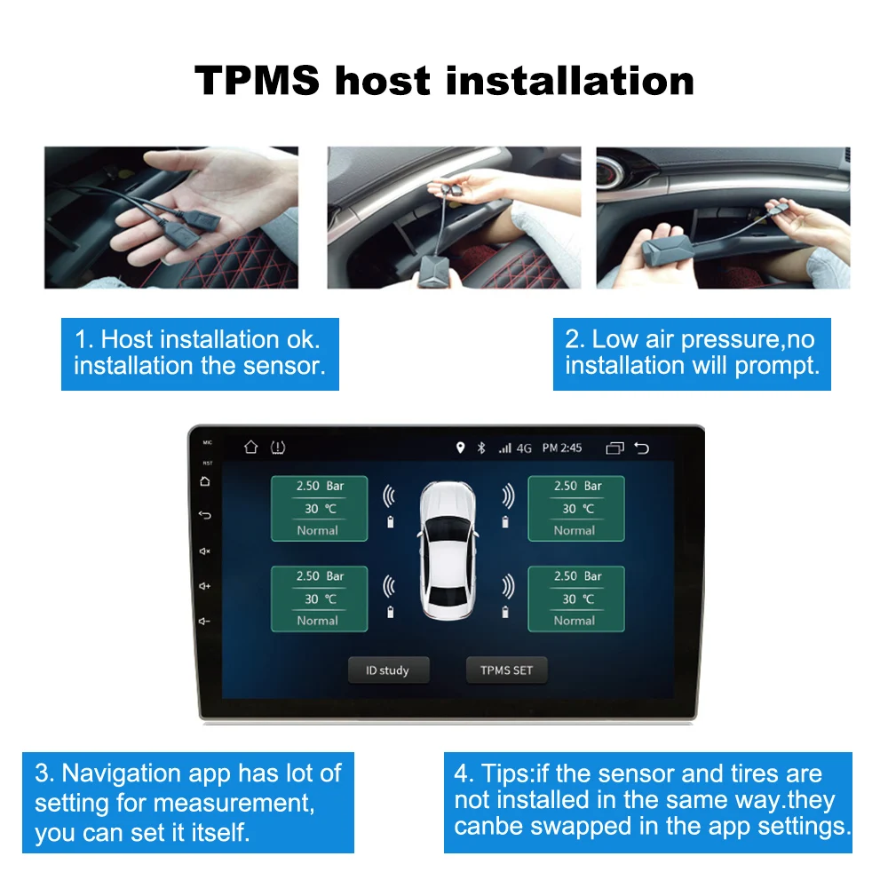 Автомобильная система контроля давления в шинах TPMS с 4 датчиками беспроводная