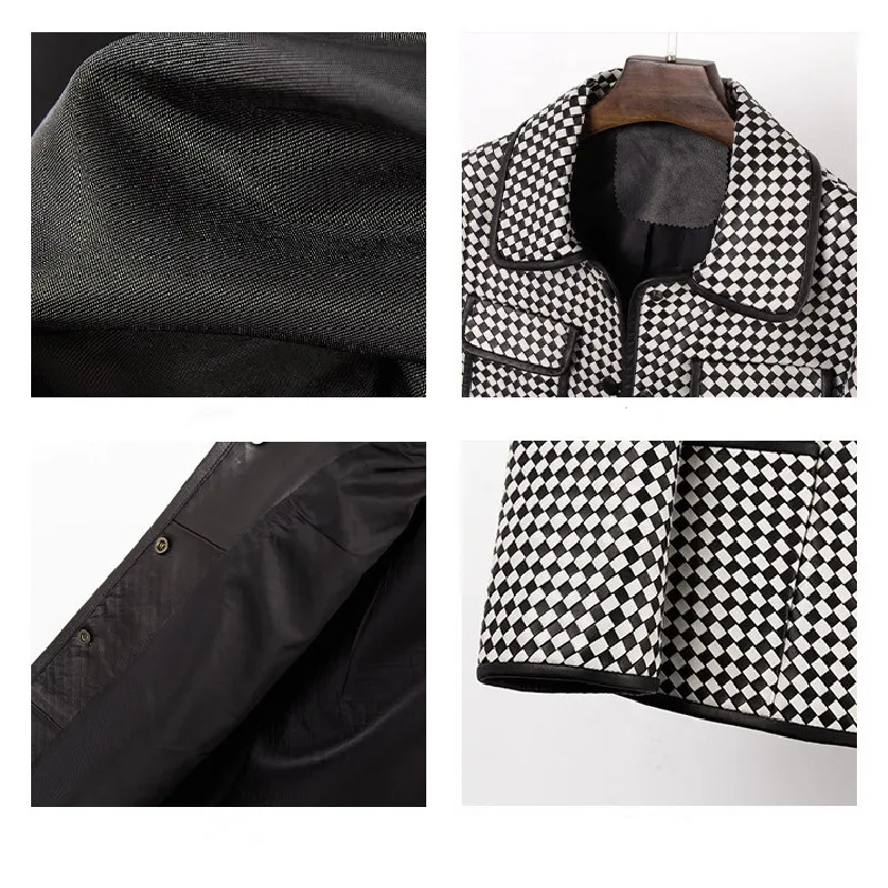 Autumn Korean Style Women's High Quality Black White Plaid Kintted Genuine Leather Jackets C251