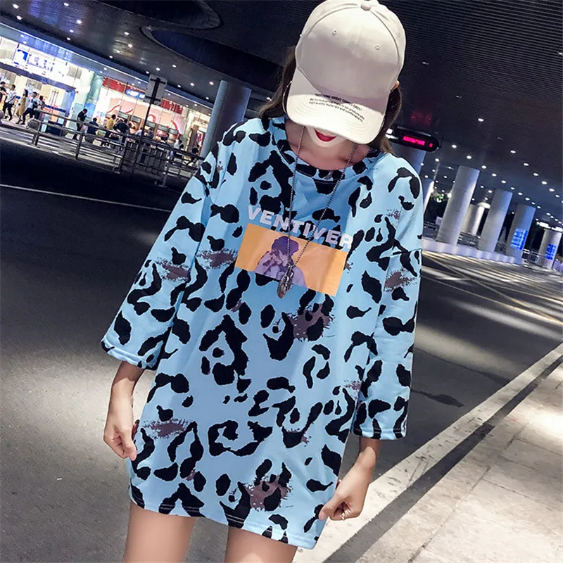 Hot sale 2020 Summer New Long section Loose leopard Print T-shirt Fashion Casual Round neck Women bottoming Tops C037 | Женская одежда