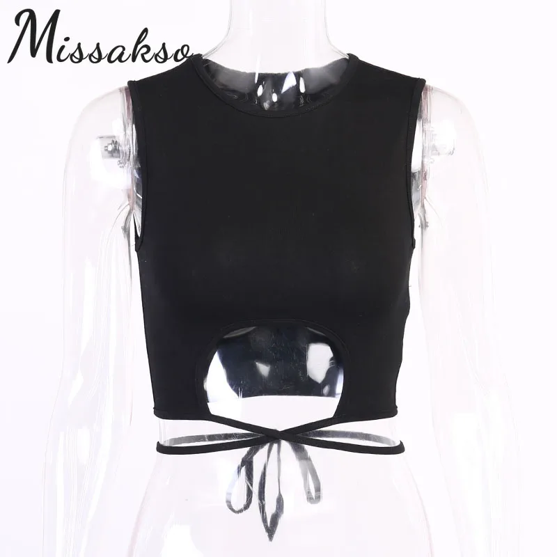 

Missakso Sexy Hollow Out Lace Up Crop Top 2021 Summer Women Black White O Neck Casual T Shirts Sleeveless Tank Tops Party