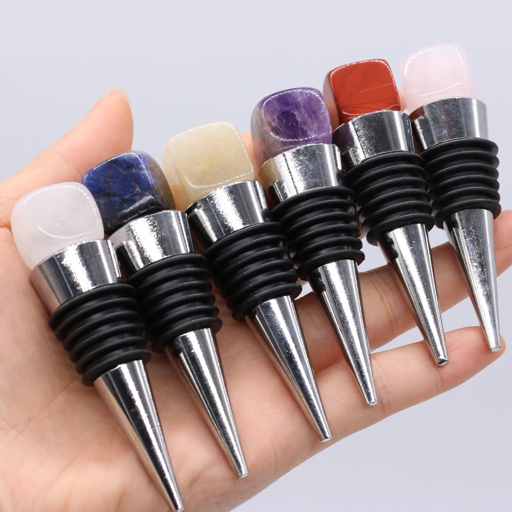 

20x78mm Natural Semi-precious White Crystal Square Wine Stopper Stainless Steel Silicone Bottom Inlaid Gemstone Champagne Cork