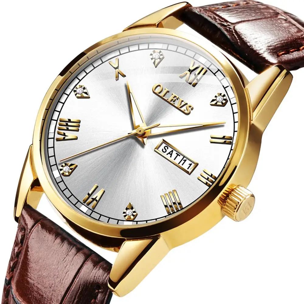 OLEVS мужские часы Роскошные Водонепроницаемые кожаные кварцевые с датой 24 часа