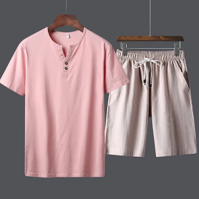 

Summer Mens Casual Cotton Two Piece Set Elastic Waist Shorts Beach Set Big Size Outside Jogging Tracksuit Solid Color Male Sets