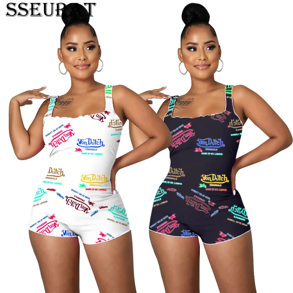 

SSEURAT Women Playsuit Letter Print Sleeveless Strap O-neck Strechy Bodycon Playsuits Casual Rompers