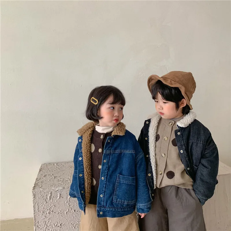 

Girls Boys Baby's Kids Coat Jacket Outwear 2021 Beige Fur Warm Plus Velvet Thicken Winter Autumn Fleece Children's Clthing