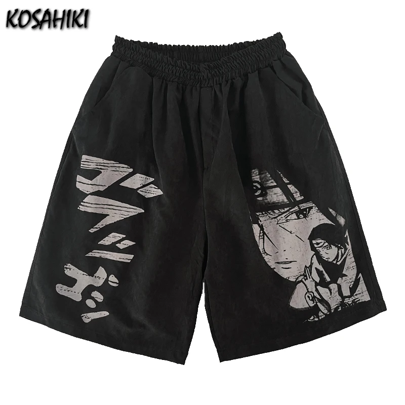 

KOSAHIKI Harajuku Vintage Shorts Summer Woman Cartoon Letter Print Shorts Casual Loose Hip-Hop Streetwear Shorts Streetwear