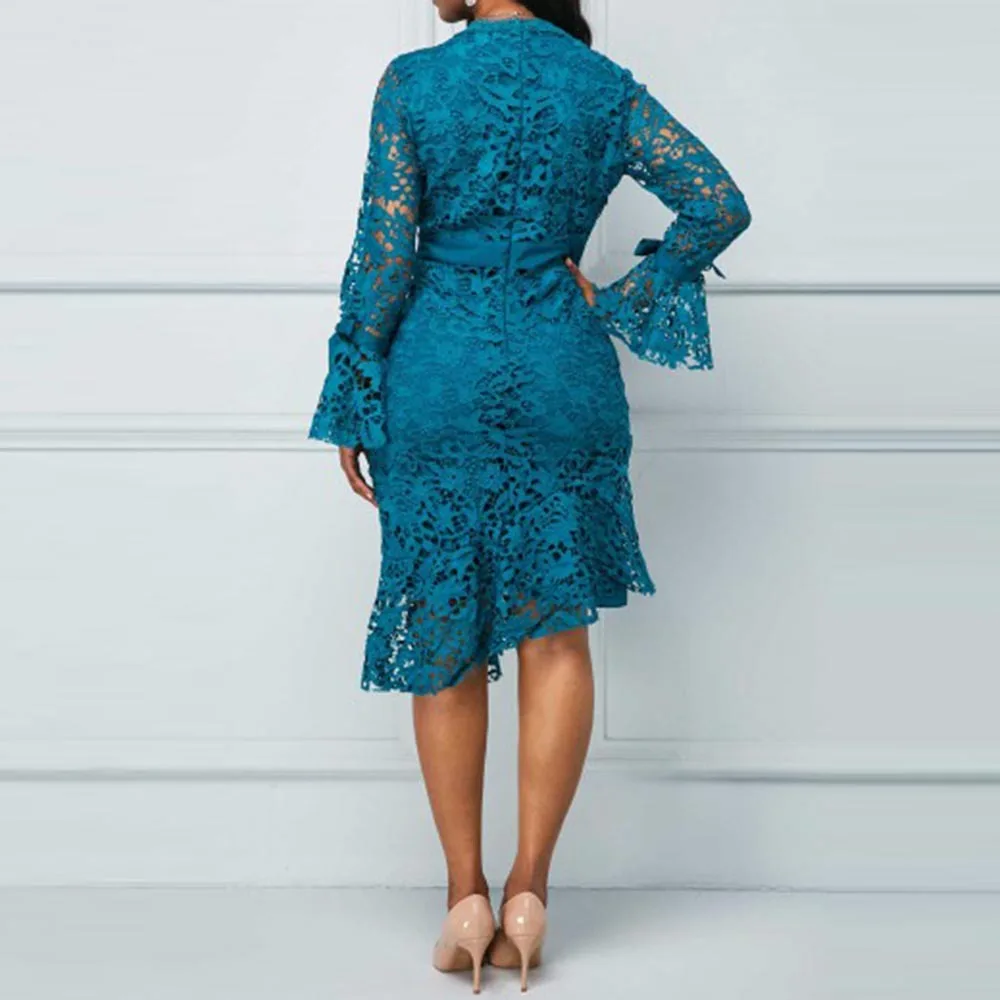 

2021 Spring Autumn Elegant Hollow Out Lace Dress Women High Quality Bodycon Office Ladies Fashion Dresses Vestidos Plus Size