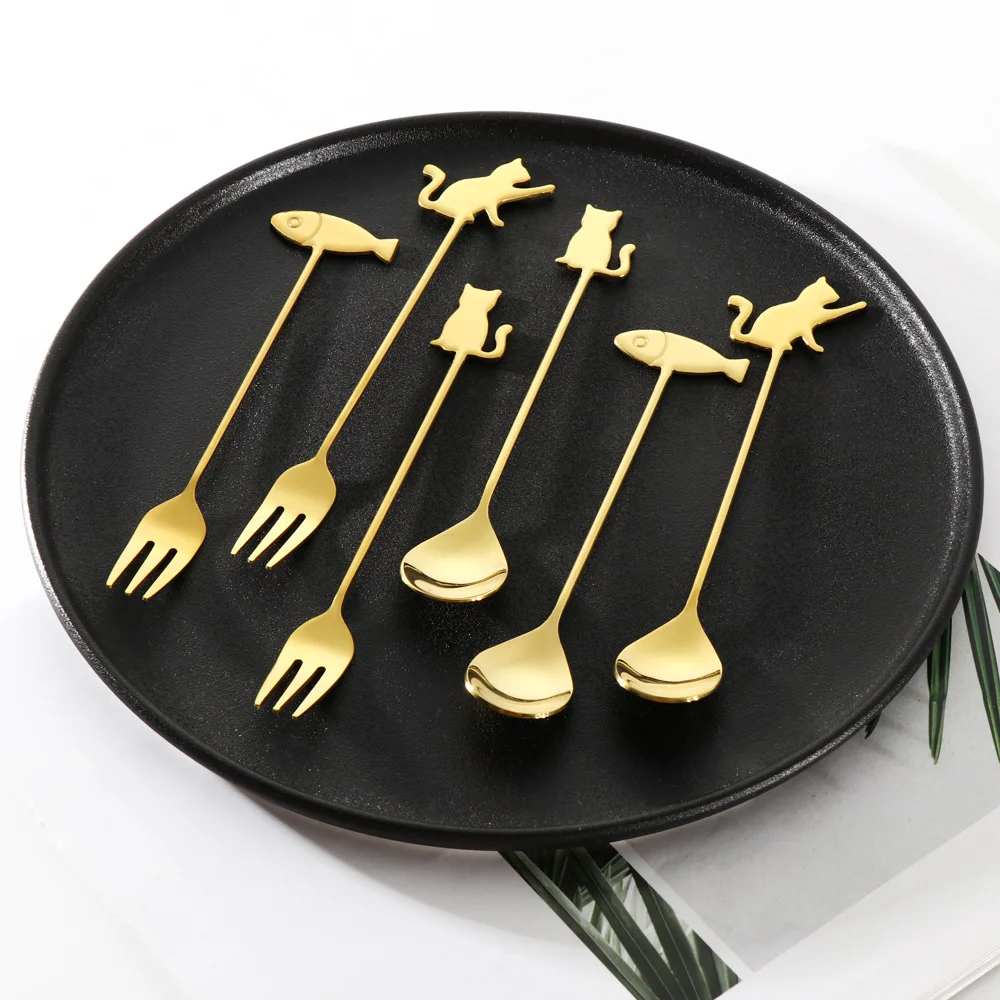 

1Pcs Creative Cute Coffee Cat Fish Design Stirring Spoons Fruit Fork Hanging Cup Teaspoon Dessert Milk Home Kitchen Accessories