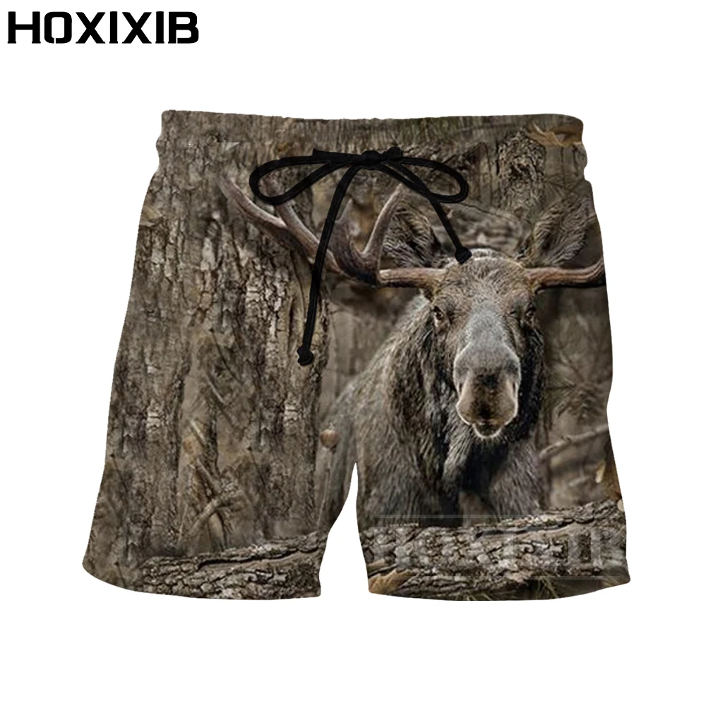 

HOXIXIB Moose Hunter Hunting Men Shorts Women Beach Casual 3D Print Animal Jungle Camouflage Hound Chase Prey Elk Antelope Pants