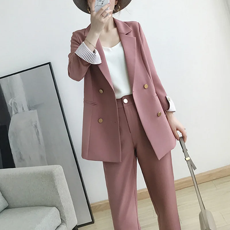 Women's suits 2023 autumn new women's temperament double-breasted pink large size suit jacket casual feet pants set two-piece