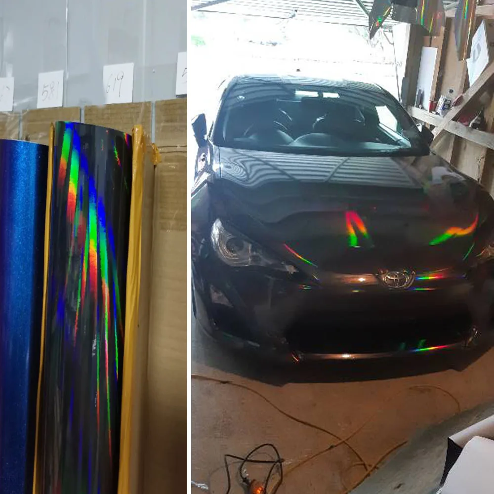 

1.2/1.5/1.8M x 1.52M Holographic Laser Chrome Black Car Roof Hood Sticker Vinyl Film Wrap Decals Sheet Color Changing Wrapping