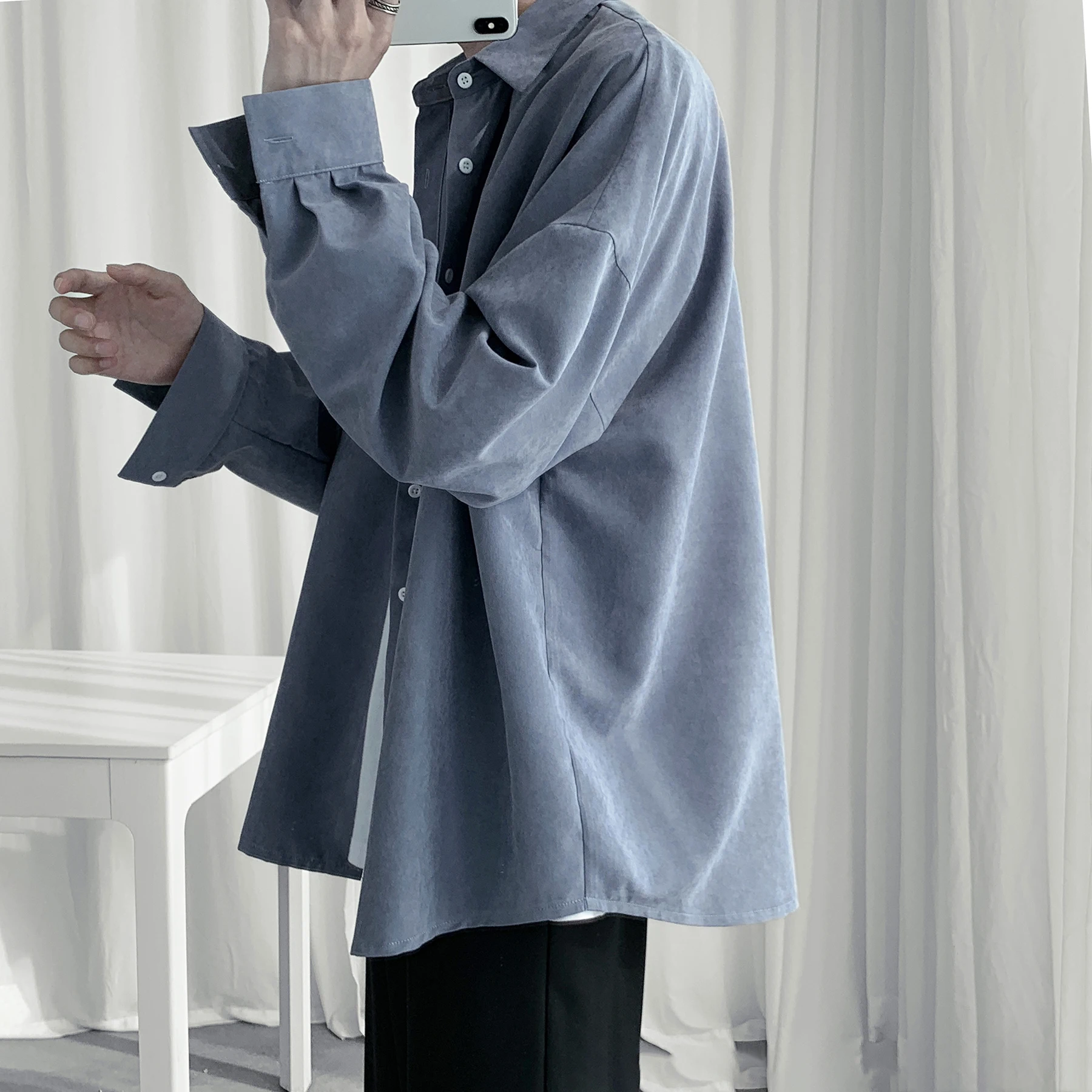 

Solid Scrub Feel Men Shirt Korean Style Oversized Clothes Streetwear Long Sleeve Shirts