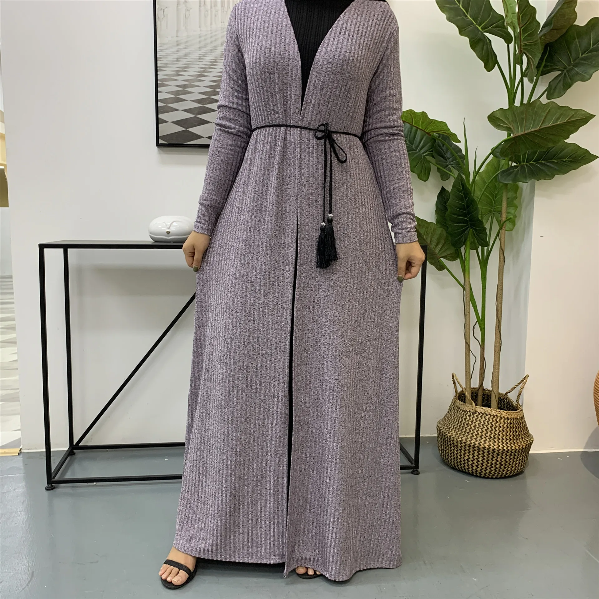 

New Spring Cardigan Robe For Women Muslim Open Kimono Kaftan Solid Long Sleeve Elegant Knitted Sweater Coat Islam Femme Abayas