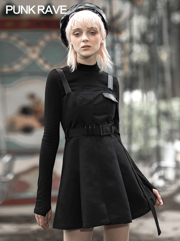 Женское платье на подтяжках в стиле панк темно-черная приталенная юбка с