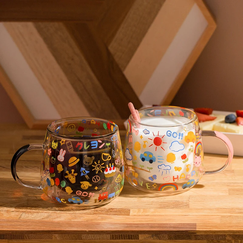 

BFE Cartoon Double Wall Glass Coffee Cup With Insulation Hand 320ml Household Office Teacup Breakfast Milk Tea Mug