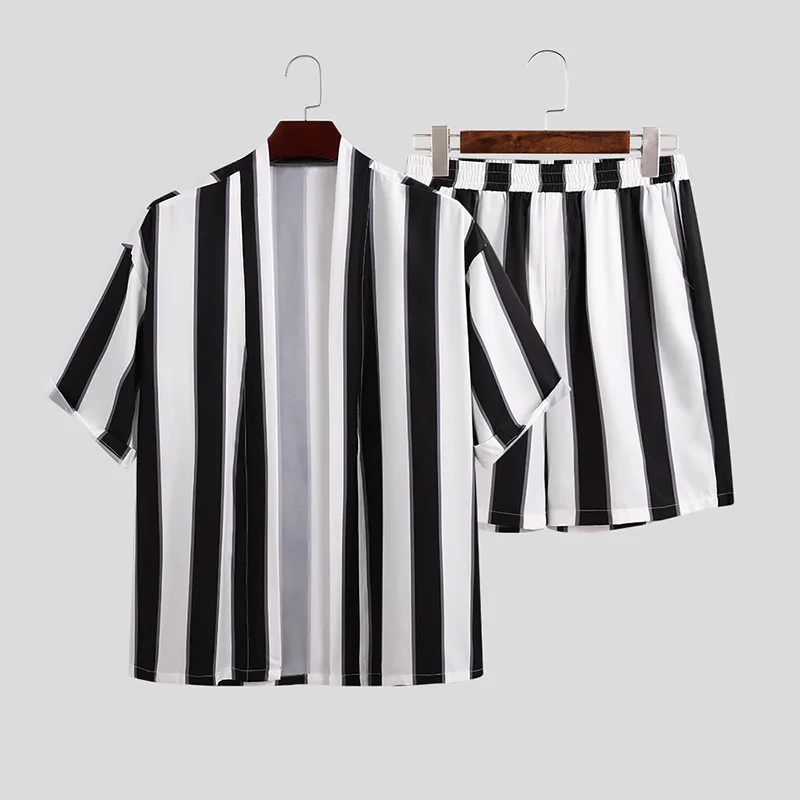 

NEW Men Hawaiian Sets Printing Stripe Summer Short Sleeve Button Shirt Beach Shorts Streetwear Casual Mens Two Pieces Suit