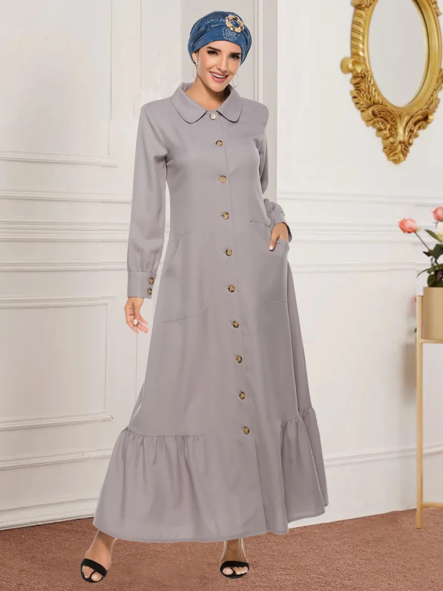 

Elegant Muslim Hijab Dress Women Turn Down Collar Abaya Moroccan Kaftan Eid Islamic Clothing Musulman Djellaba Jubah Vestidos