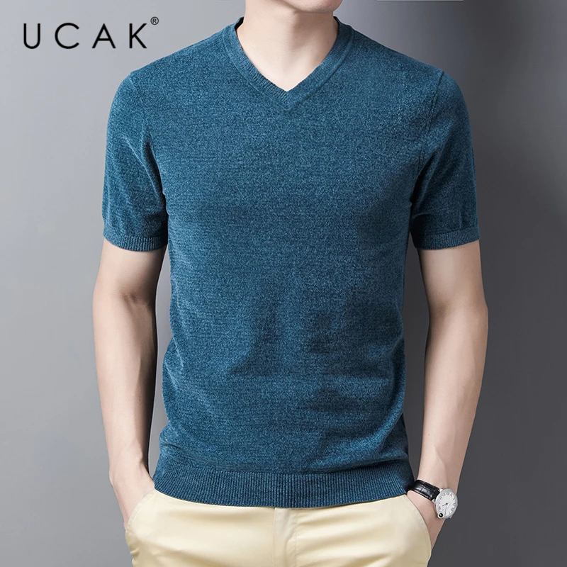 

UCAK Brand Sweater Men Clothing Casual Short Sleeve V-Neck Pull Homme Pullover Spring New Arrivals Male Soft Wool Sweaters U1228
