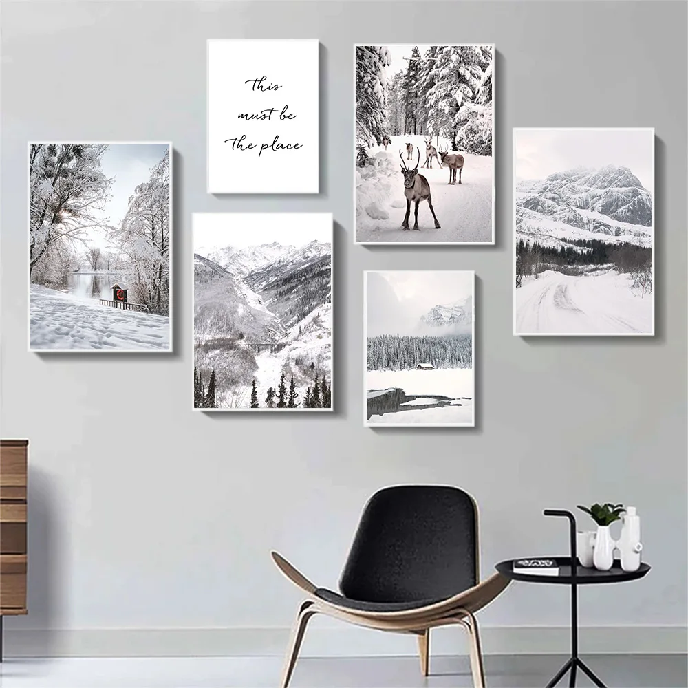 

Winter Snow Forest Lake Poster Reindeer Cabin Art Print Mountain Wall Art Canvas Painting Nordic Pictures Living Room Home Decor