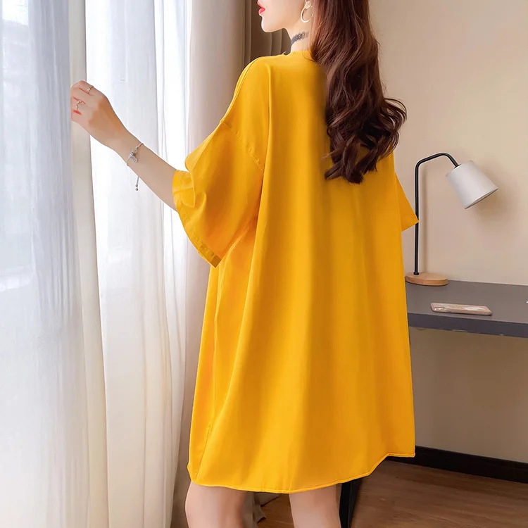 #0707 черная белая Желтая Женская футболка с буквами блестками длинная круглым