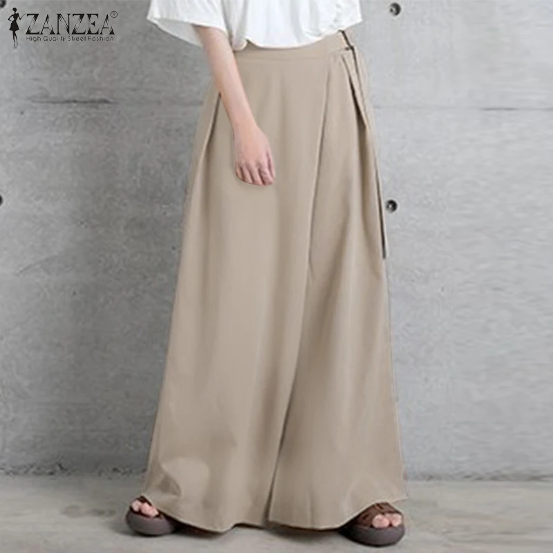 

ZANZEA Elegant Casual Long Pants High Waist Solid Loose Pantalon Women OL Wide Leg Trousers Work Palazzo Streetwear