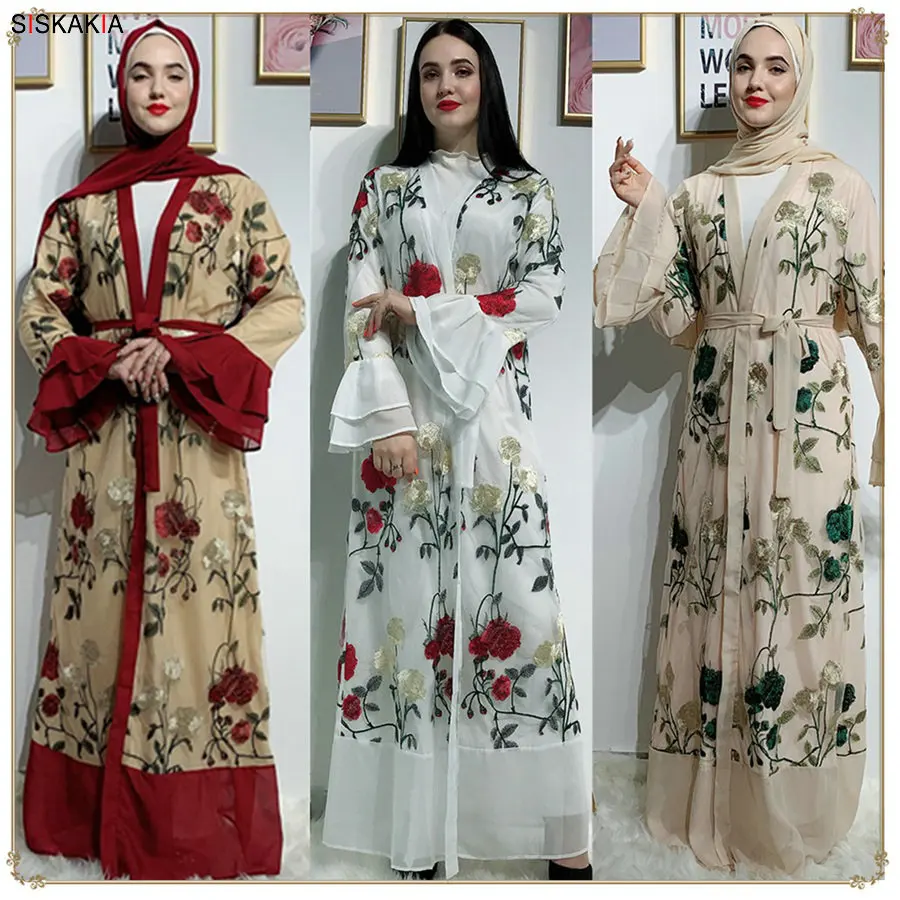 Siskakia роскошное кружевное платье абайя с вышивкой, модное платье с расклешенными рукавами, Дубай, кардиган, халаты, лето, Исламская одежда