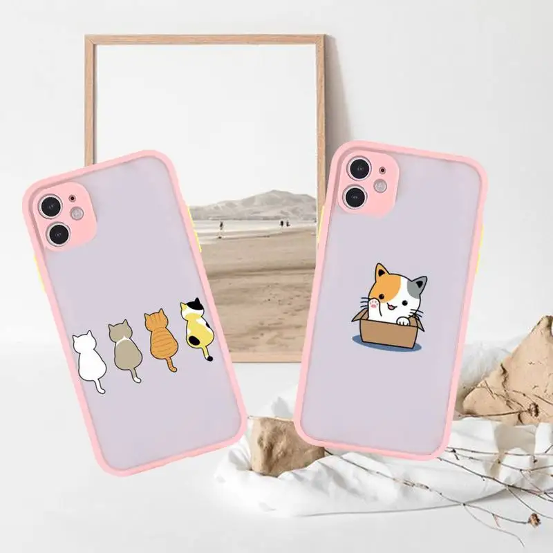 

cute cat Phone Case For iPhone 13 12 11 Mini Pro XR XS Max 7 8 Plus X Matte transparent Pink Back Cover