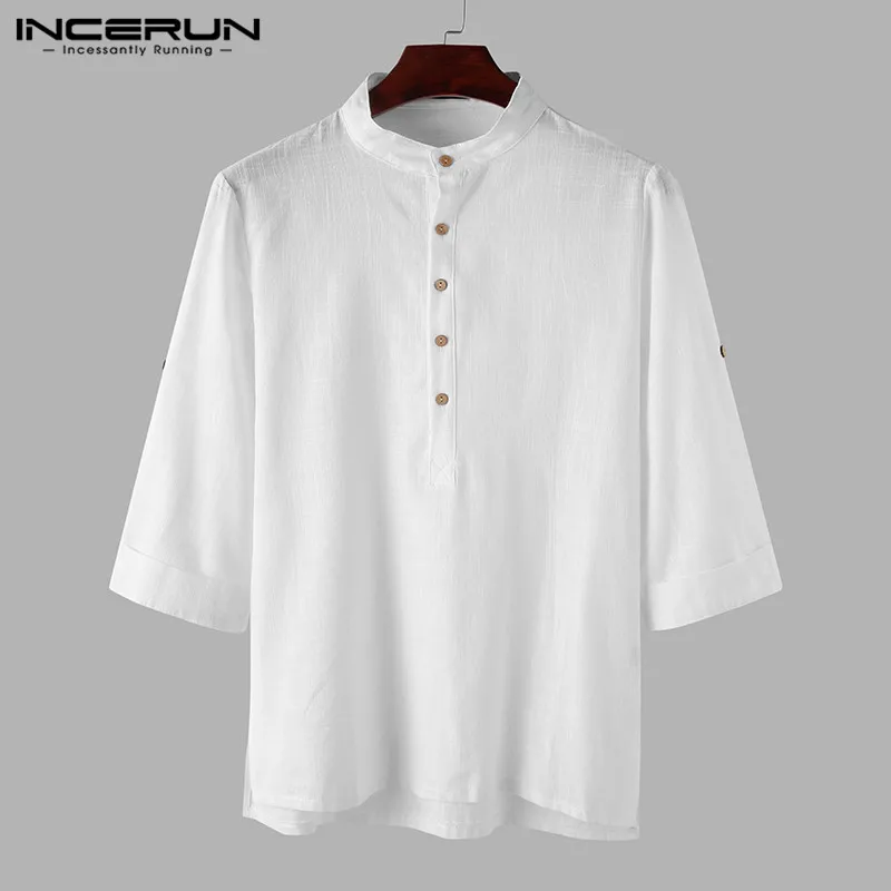 

Рубашка INCERUN мужская с воротником-стойкой, хлопковая блуза с рукавом 3/4, в японском стиле, Повседневная сорочка, однотонная, винтажная, 3XL