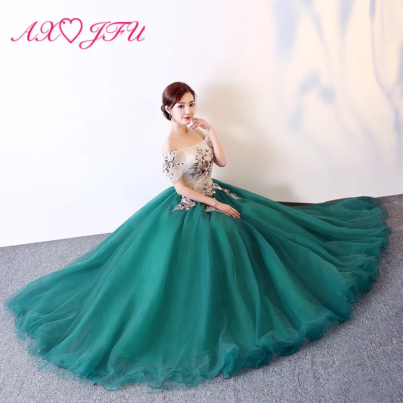 

AXJFU princess green lace bride evening dress vintage boat neck illusion beading flower lace host stage green evening dress